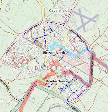 CycleStreets.net map of dedicated cycle paths in Bicester.