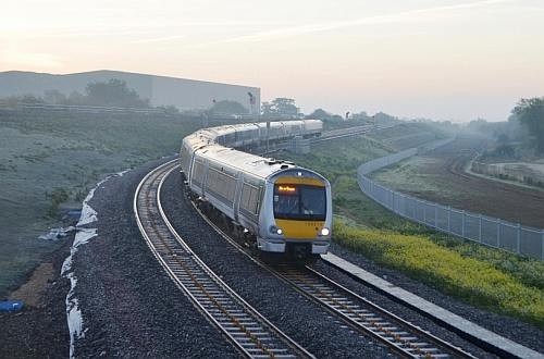 An Oxford Parkway bound Chiltern Railways train negotiating the new 'chord' in Bicester