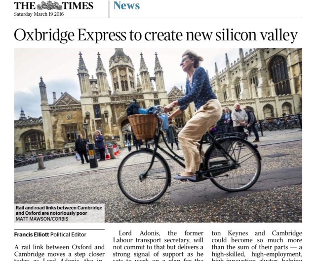 The Times reporting on the potential that a rail link between Oxford and Cambridge will bring town's in particular like Bicester