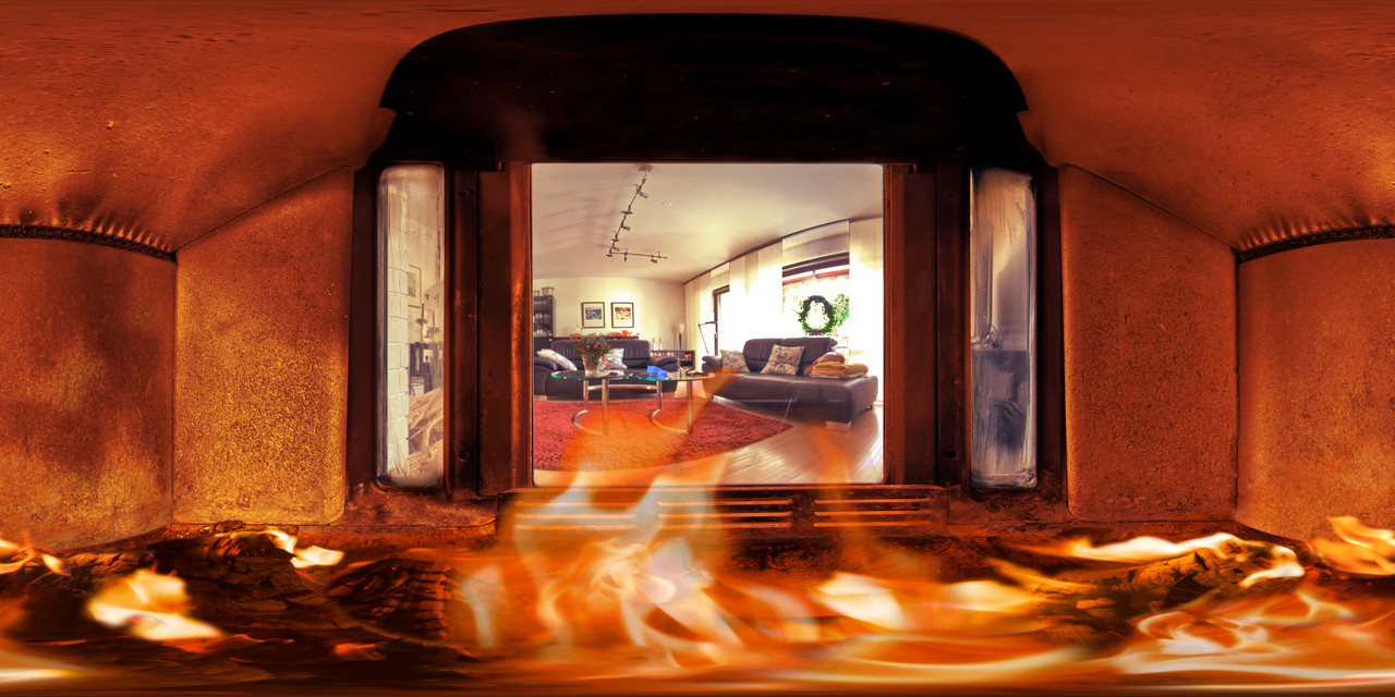 Kaminofen, ein Kugelpanorama im Feuerraum - fotografische Seiten