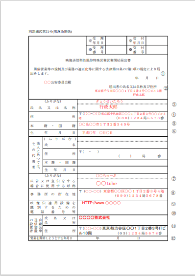 映像送信型性風俗特殊営業の記載例
