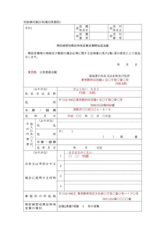 デリヘル営業開始の記載例