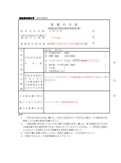 映像送信型性風俗特殊営業の記載例、営業の方法