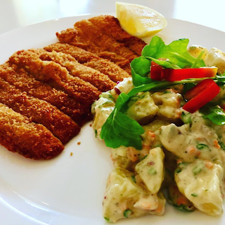 fried soy steak & potato salad from loving hut