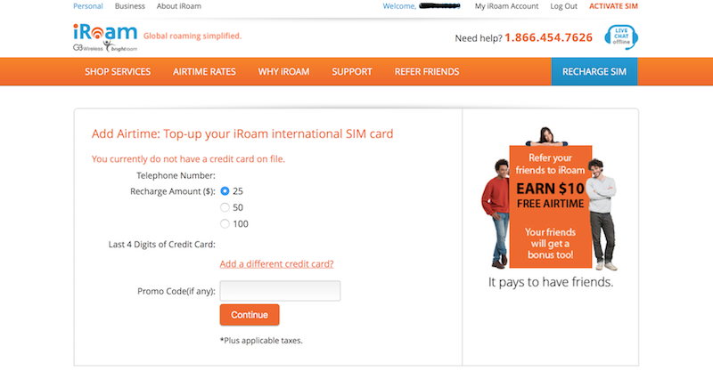 iRoam add airtime online top up international SIM card