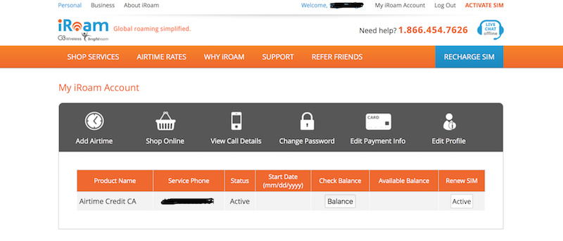 iRoam online account access