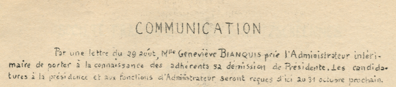 Annoce de la démission de Geneviève Bianquis (setpembre 1946)