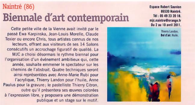 Article paru dans le magazine "Pratique des Arts", avril-mai 2011. Visuel "Bol d'air" de Thierry Landon