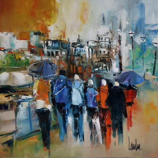 "Glissons sous la pluie" - 50x50