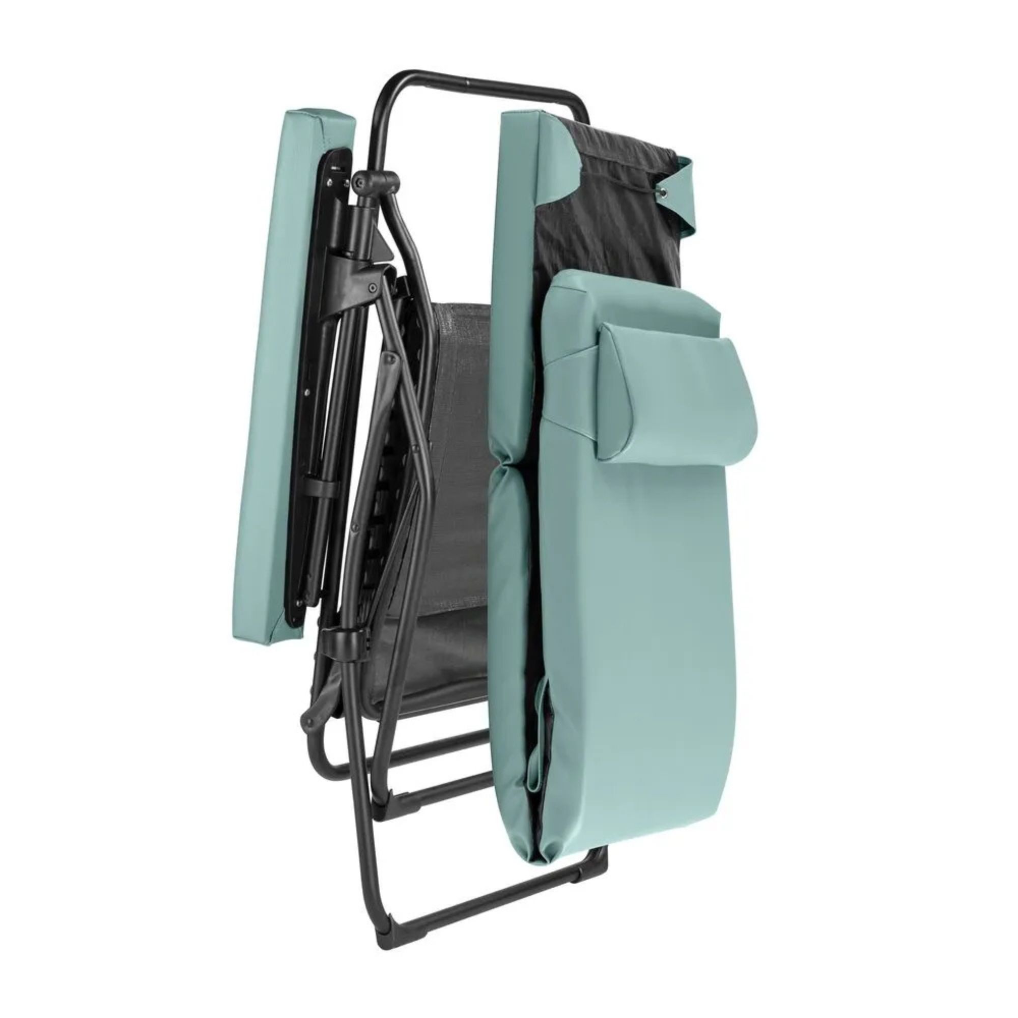 Fauteuil relax pliable Lafuma Mobilier Oxygène couleur vert eucalyptus, version pliée compacte pour un rangement facile.