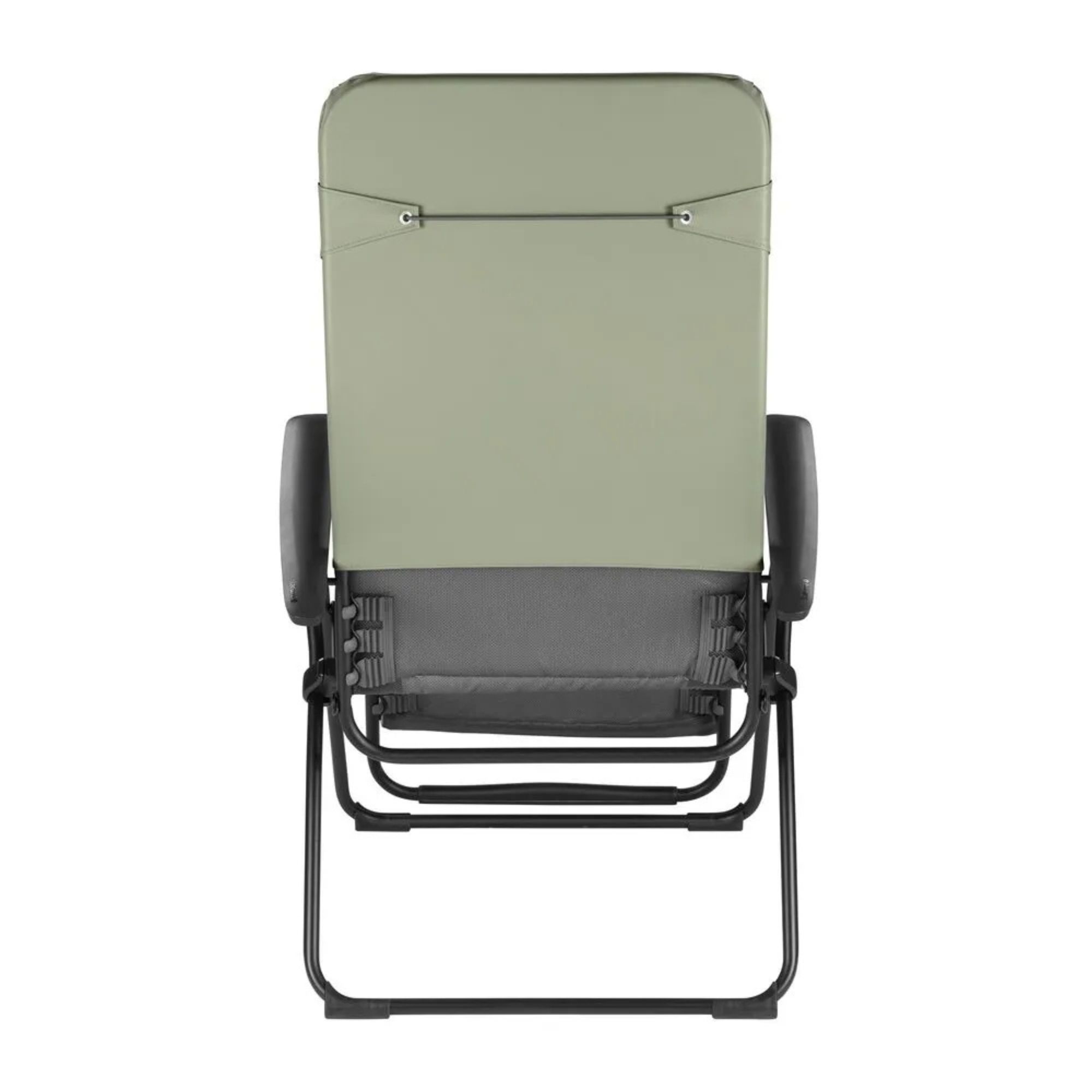 Vue arrière du fauteuil de relaxation Lafuma, montrant la toile tendue vert sauge et la structure en tubes d'acier noir.