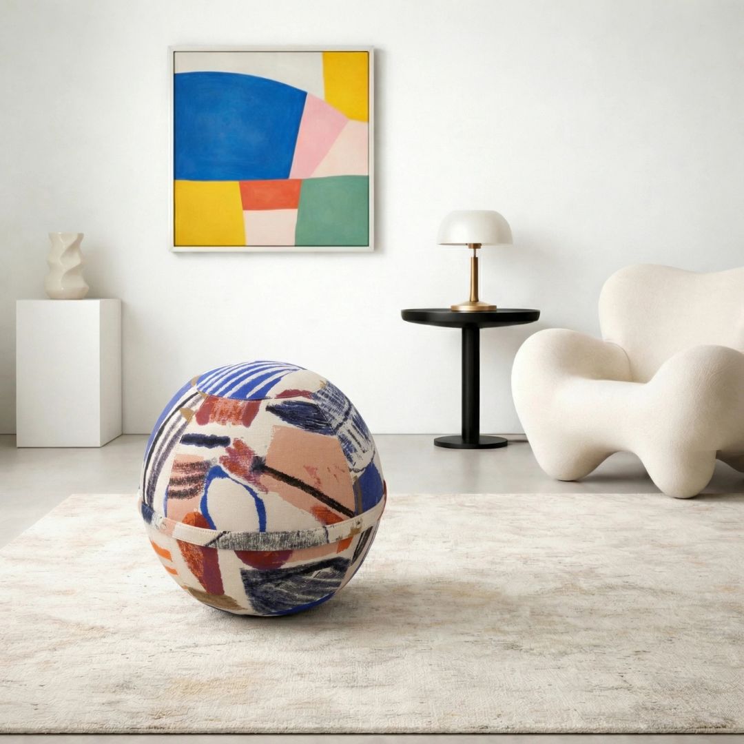 Siège ballon Bloon Pierre Frey modèle La Toile du Peintre dans un salon design et lumineux.