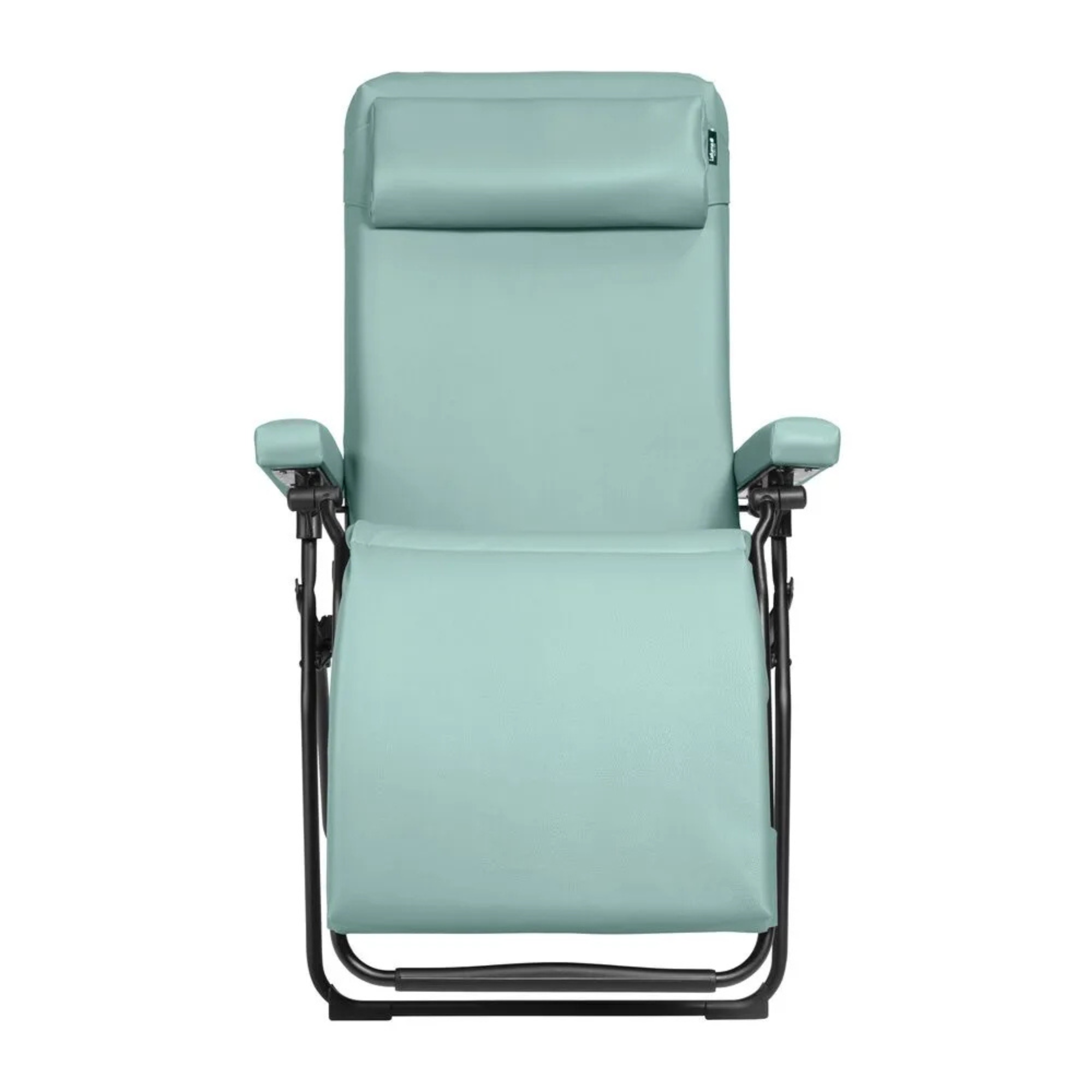 Fauteuil de repos confortable et matelassé Lafuma Oxygène vert eucalyptus avec appui-tête réglable vu de face.