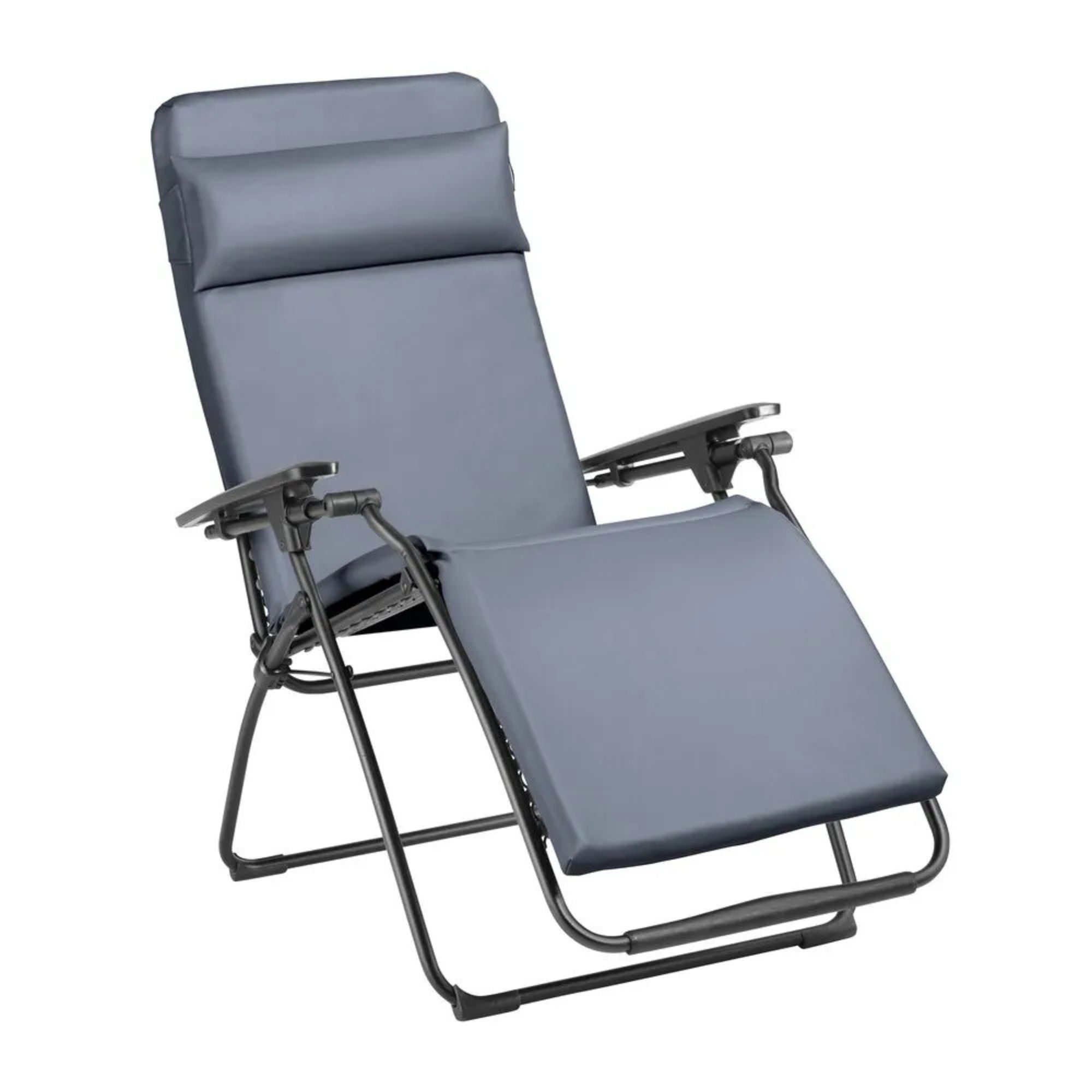 Fauteuil relax Vital Lafuma gris charbon en vue trois quarts, têtière et accoudoirs visibles