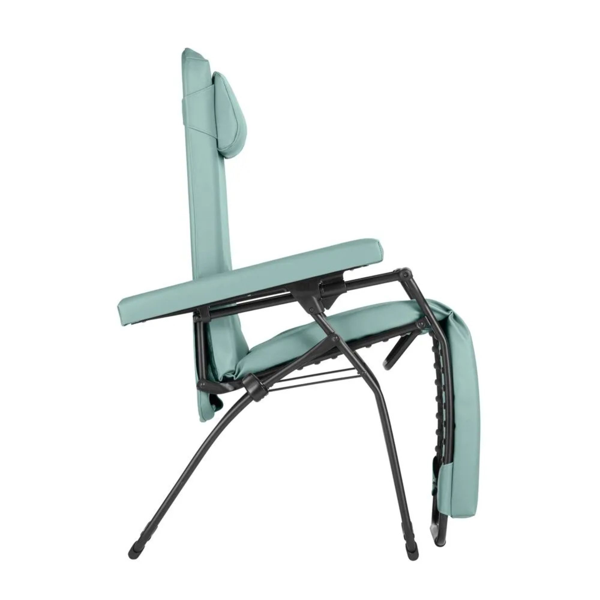 Fauteuil relax pliable Lafuma Mobilier Oxygène couleur vert eucalyptus, version pliée compacte pour un rangement facile.