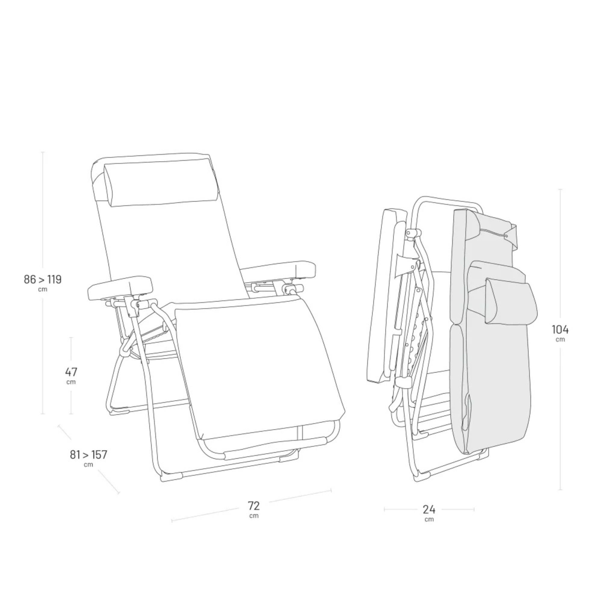 Schéma technique indiquant les dimensions du fauteuil relax Lafuma Oxygène déplié et plié en centimètres.