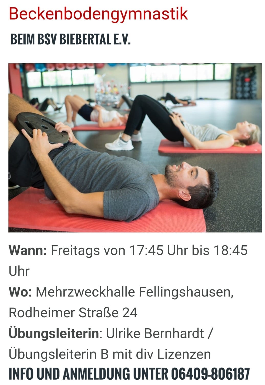 Beckenbodengymnastik, Freitags 17:45-18:45 in der MZH Fellingshausen. Anmeldung unter 06409-806187