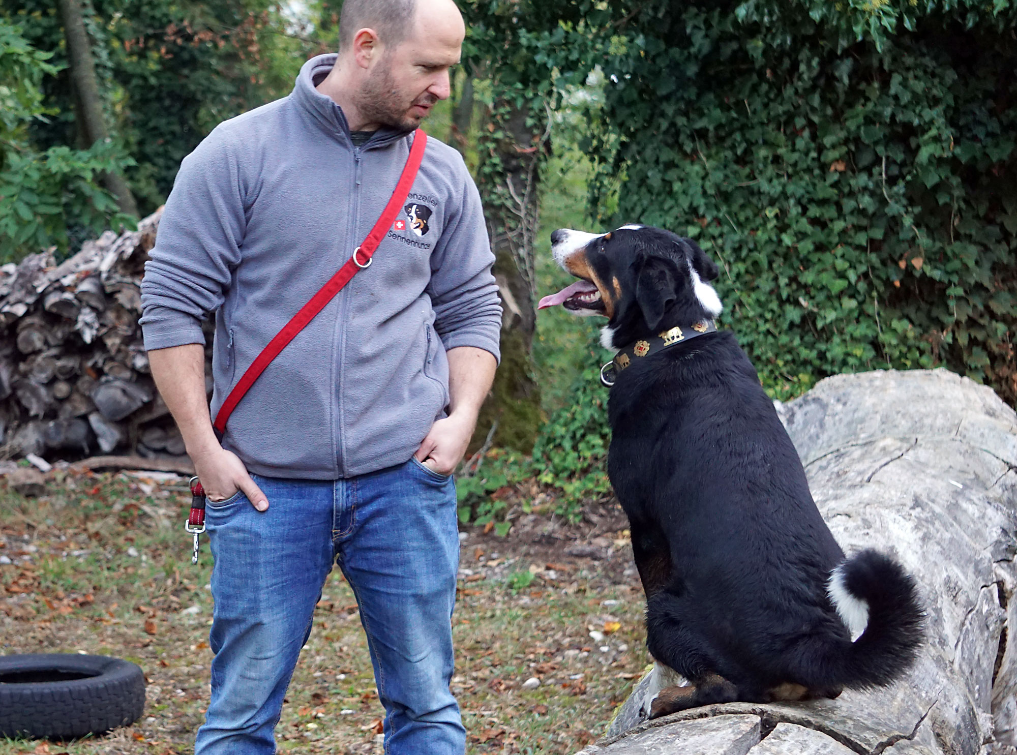 Hundeführer und Hund warten auf das Ergebnis.