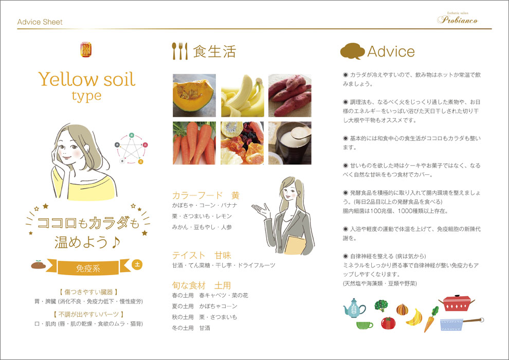 エステサロン_プロビアンコ_陰陽五行説_アドバイスシート_Yellow soil_黄_土_免疫系