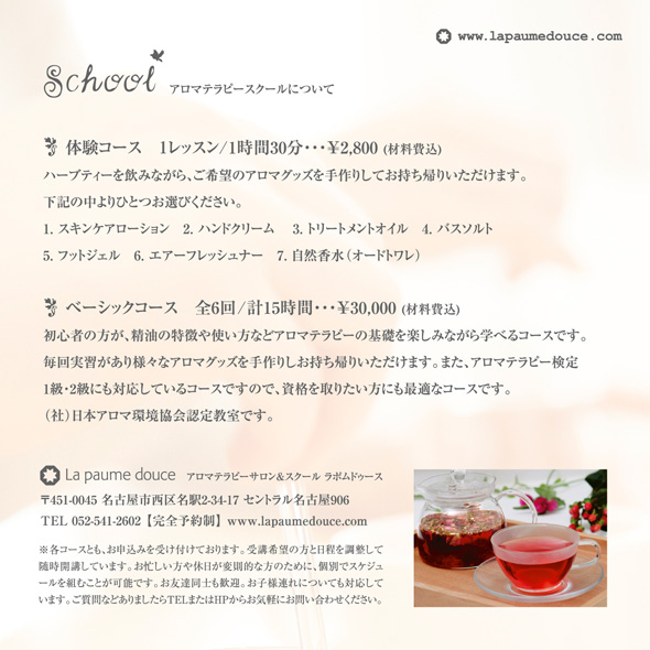 フライヤー変形サイズ正方形名古屋市中村区名駅アロマテラピーサロンスクール案内裏