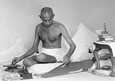 Mahatma Gandhi spinning at Birla House in Bombay, 1942. Photo: Kanu Gandhi