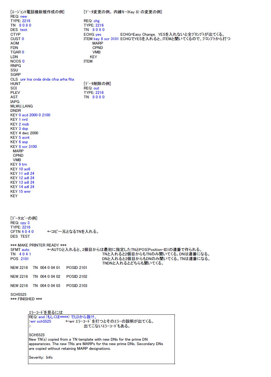 エージェント電話機新規作成の例、データ変更の例。内線キー（Key8）変更の例、データ削除の例、データコピーの例　説明図