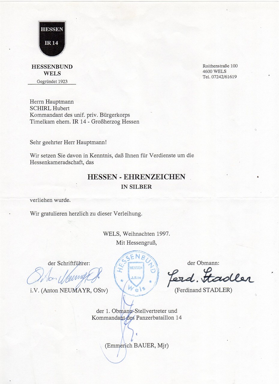 Hessen-Ehrenzeichen in Silber, am 12.1997 in der Hessenkaserne Wels