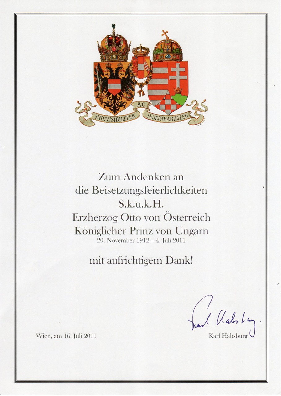 Gedenkmedaille an Se k.u.k. Hoheit Erzherzog Dr. Otto von Habsburg, am 16.7.2011