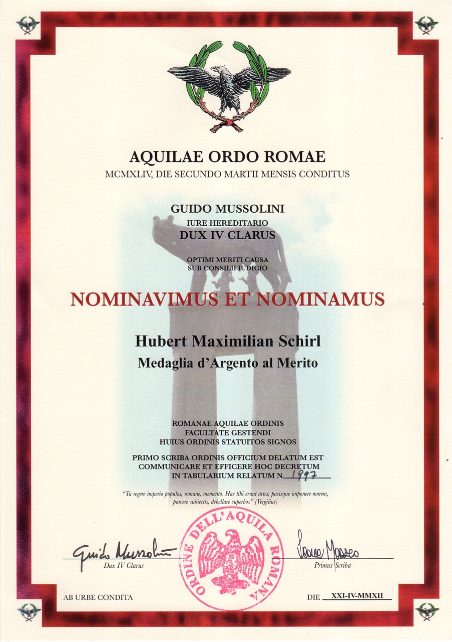 Aquilae Ordo Romae-Silberne Verdienstmedaille des Römischen Adlerorden, am 21.4.2012