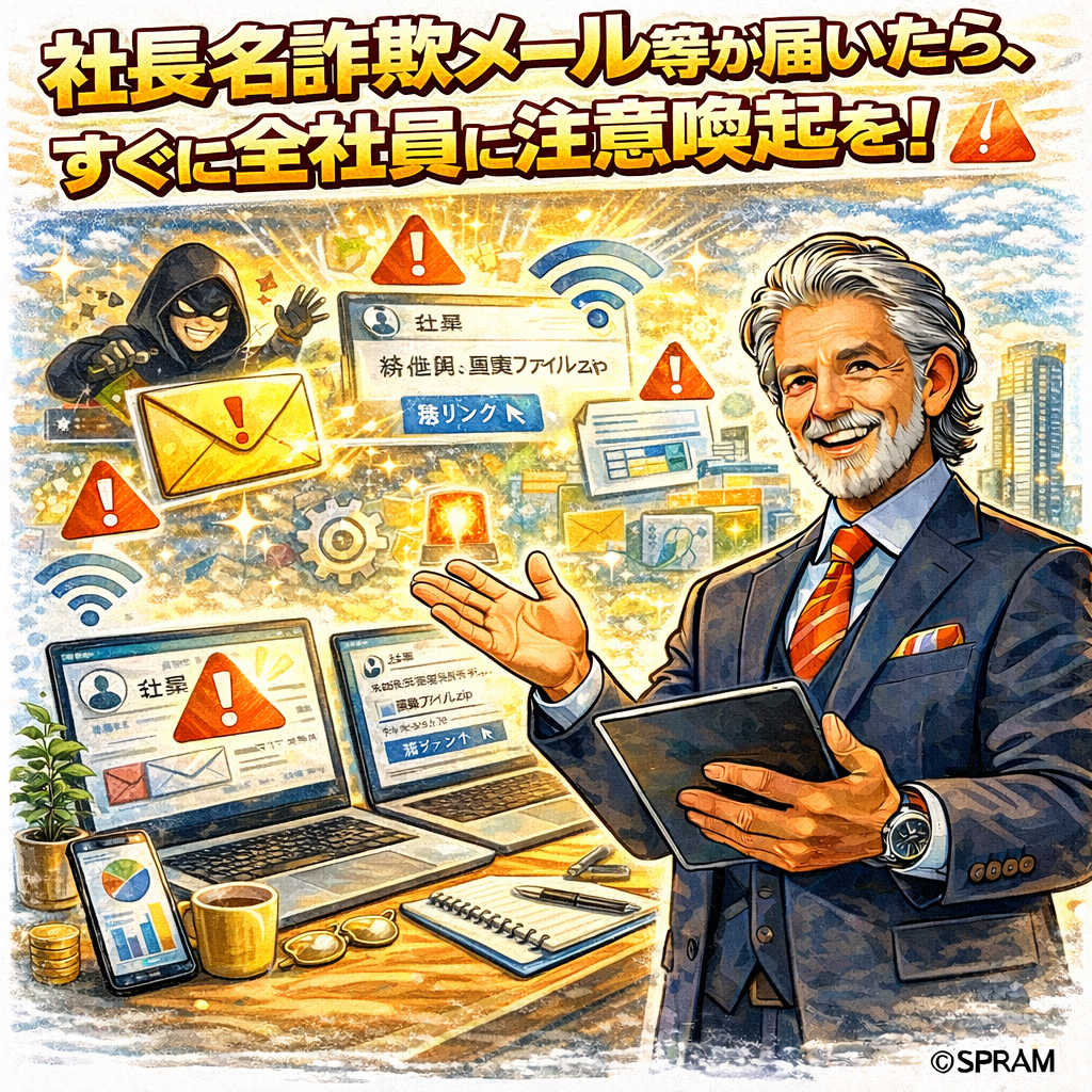 社長名詐欺メール等が届いたら、すぐに全社員に注意喚起を！