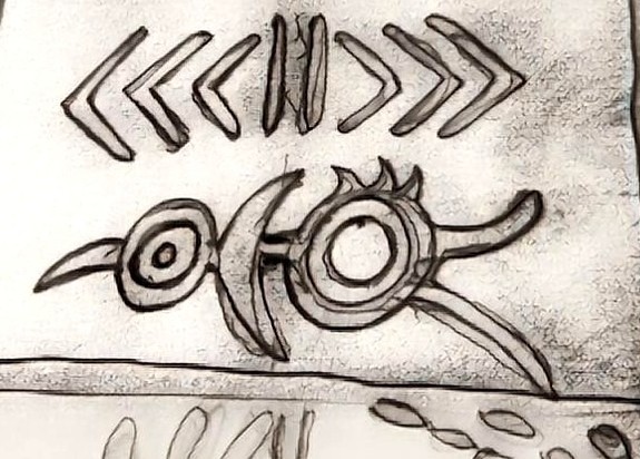 Il y en deux associés. Celui du haut défini l'instant. Celui du bas une séparation entre l'arrière et l'avant. L'oiseau serait le glyphe du solstice d'hiver, fin et début de l'année stellaire. Un migrateur sans doute.