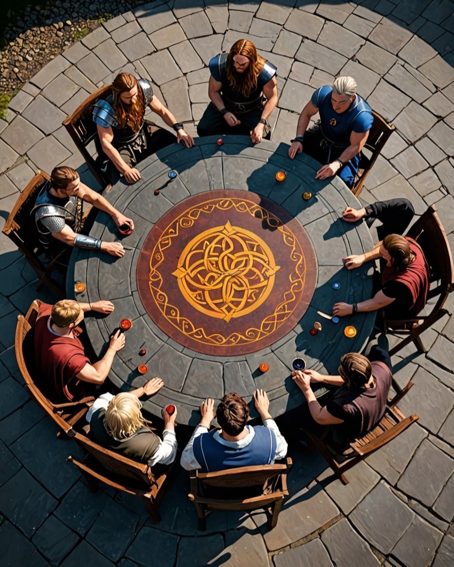 Huit cavaliers gaulois et un roi central, tous liés par la même destinée. Druidisme antique. La table aronde, c'est l'éducation des rois..En ce qui concernait les femmes, l'éducation des reines allait par deux fois six et dans le sens contraire, de droite a gauche (voir griffons base de gundestrup)..ainsi en allait il des rois solaires et des reines lunaires sur le calendrier annuel éducatif. Alternance lumineuse et sombre. Correspond aux cycles luni-solaire de deux ans et demi et au calendrier de trente année final.