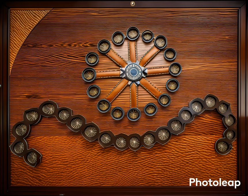 La roue solaire est la forme de l'arbre spirituel, également le plan cosmogonique gaulois. Il y a deux roues en une seule, lumineuse avec chevrons, et sombre ronds seuls. Ce Sont les 16 sections du calendrier luni-solaire. La lune est dans la nuit ce que le soleil est au jour.