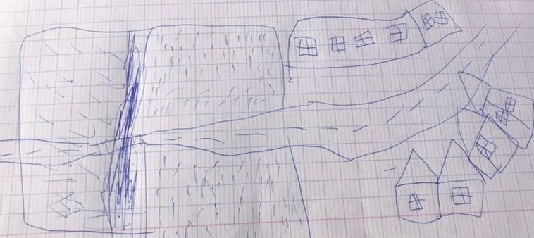 Exemple de schéma réalisé par les enfants. On y voit par exemple le ruisseau, la route et le corps de ferme à l'angle de la rue Claude Chappe. Source : L. Cherré (photographie prise le 1/12/2017)