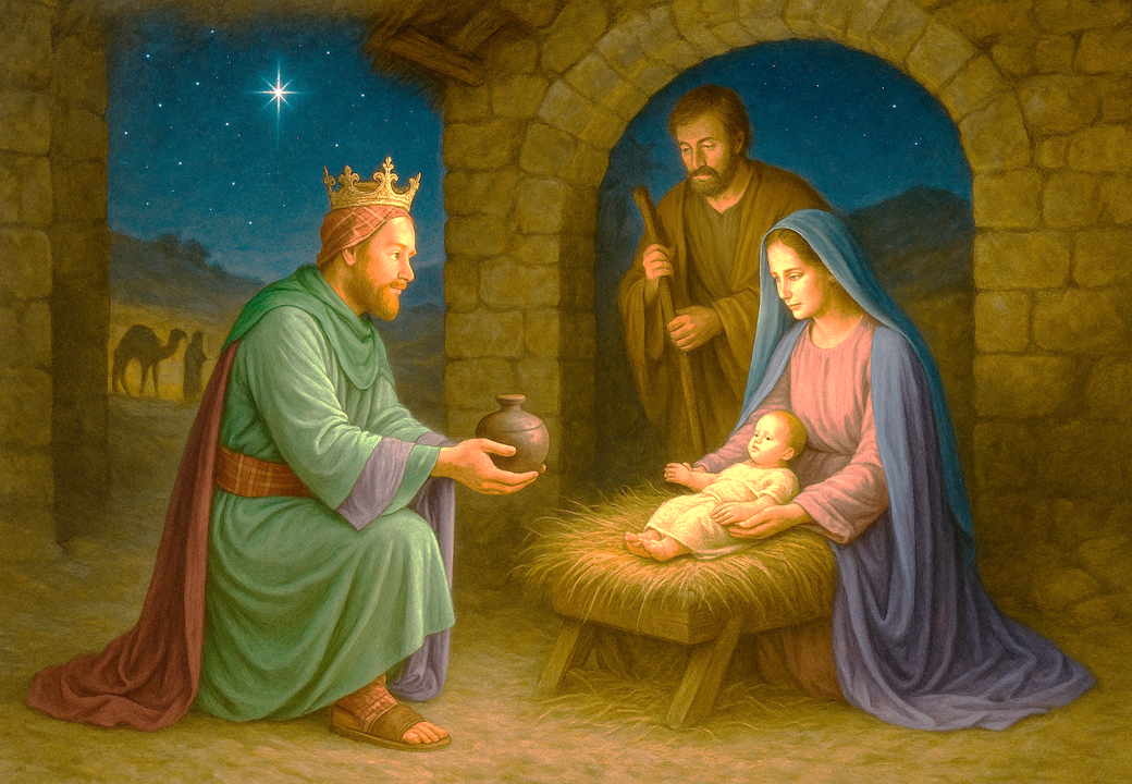 Rey Melchor ofreciendo su regalo – Figura monumental para Belén a tamaño real