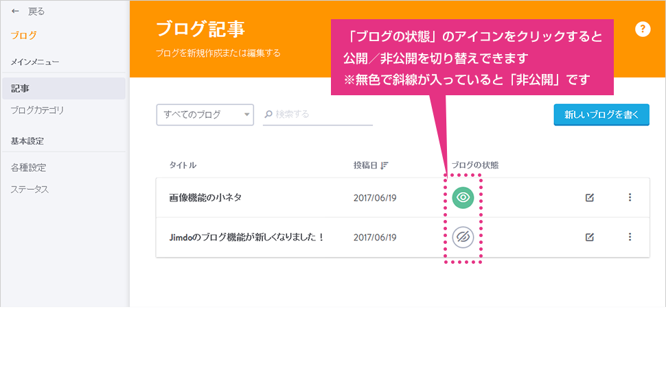 「ブログの状態」のアイコンをクリックし、表示/非表示を切り替え