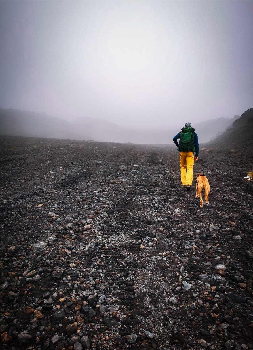 Mit einer SCHÖNEN Wanderung hat der Abschnitt unter und neben der Gondel nichts zu tun. Lavageröll. Steil bergauf. Und Nebel. Und ein brummeliger Daniel. Aufmunterungsversuche schlagen fehl. Und ich war sehr bemüht. ☝️😄
