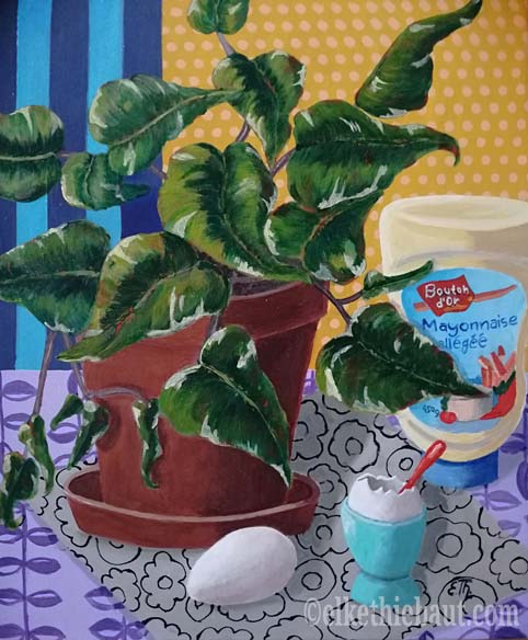 «Still Life with Eggs», acrylique sur toile de lin fin, 41 x 33 x 2 cm/acrylics  on stretched linen, 2019 -VENDU/SOLD -