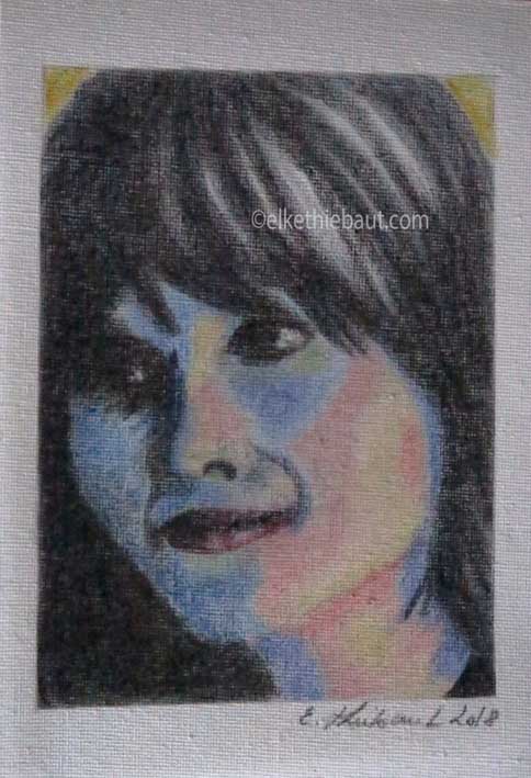 "Alexandra", dessin aux crayons de couleurs sur toile libre, format A5