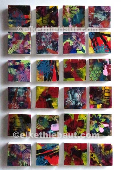 24 petits abstraits, acrylique sur épicéa de Finlande (écofriendly), 9,5x9,5x2 cm, 25 à 48, abstract acrylic painting on  wood