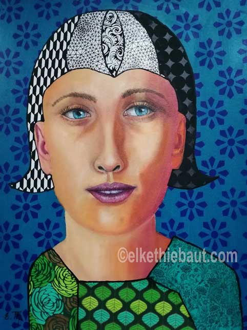 "Fille sans Nom",  acrylique, huile et collages sur papier Clairefontaine recouvert de gesso/ acrylics, oil and collages on gessoed paper. 30x40cm