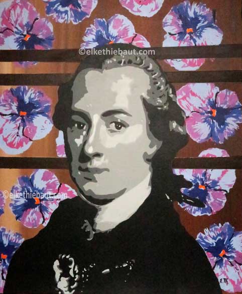 Titre/Title: Kant with Flowers, pochoirs multiples crées par moi-même et découpés à la main sur papier Fabriano 400 gr./ multilayers stencilpainting on Fabriano, 50 x 60 cm 