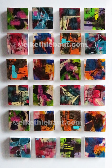 24 petits abstraits, acrylique sur épicéa de Finlande (écofriendly), 9,5x9,5x2 cm, N° 1 à 24, abstract acrylic painting on  wood 