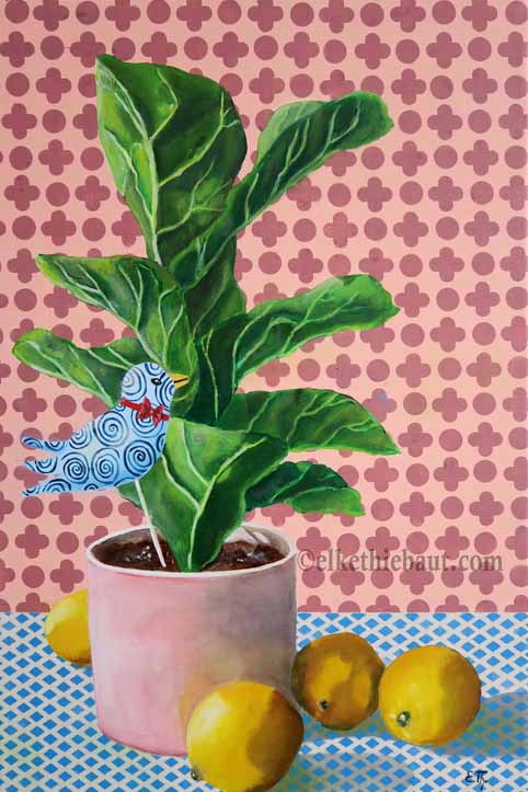 Nature morte avec Oiseau/Still Life with Bird, acrylique et huile sur lin, 40 x 60 cm/acrylics and oil on stretched linen, 2019