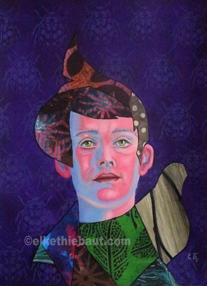 "Les Yeux dans les Etoiles",  acrylique, huile et collages sur papier Clairefontaine recouvert de gesso/ acrylics, oil and collages on paper. 30x40cm