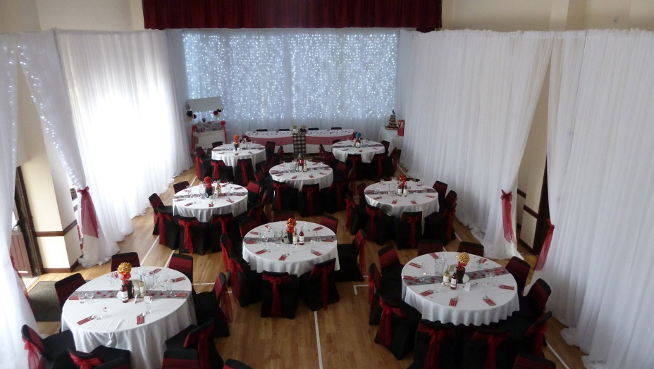 The main hall set up for a wedding reception