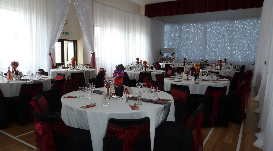 The main hall hall dressed for a wedding reception