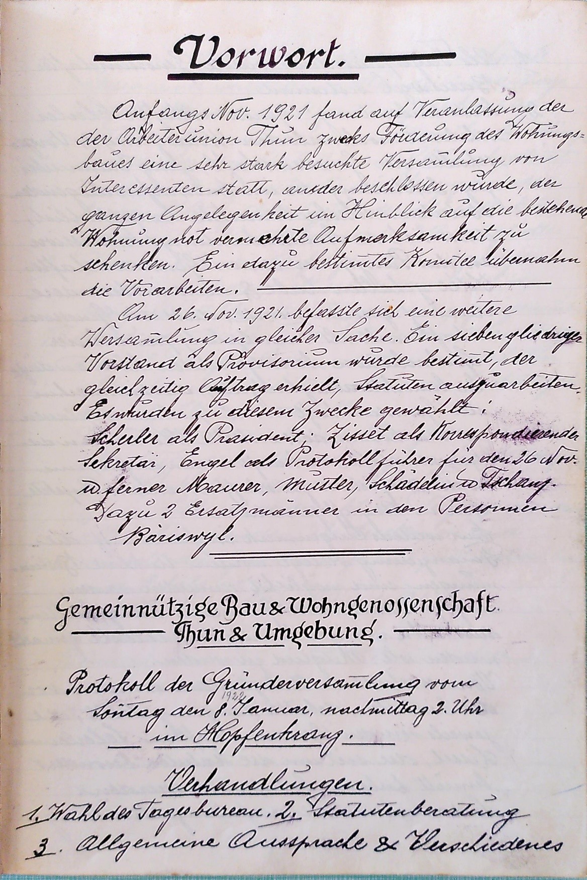 Gründungsprotokoll 1922, Archiv GBWG Freistatt