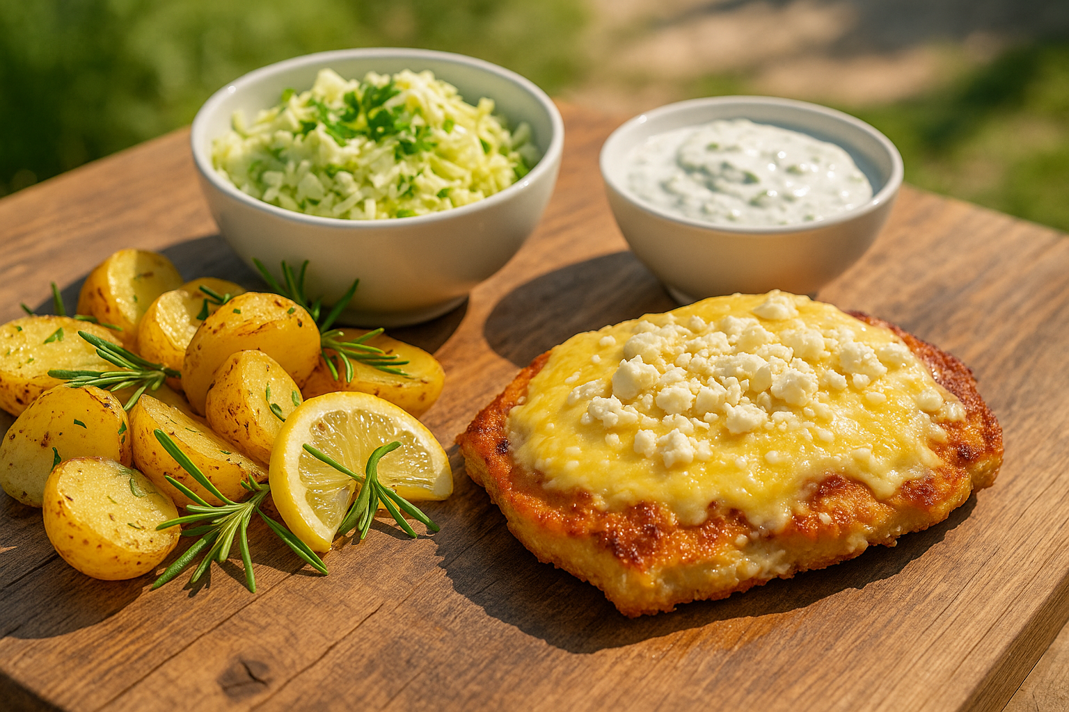 Griechisches Schnitzel mit Zitronenkartoffeln, Krautsalat & Tzatziki – der Athen-Teller vom Grill!