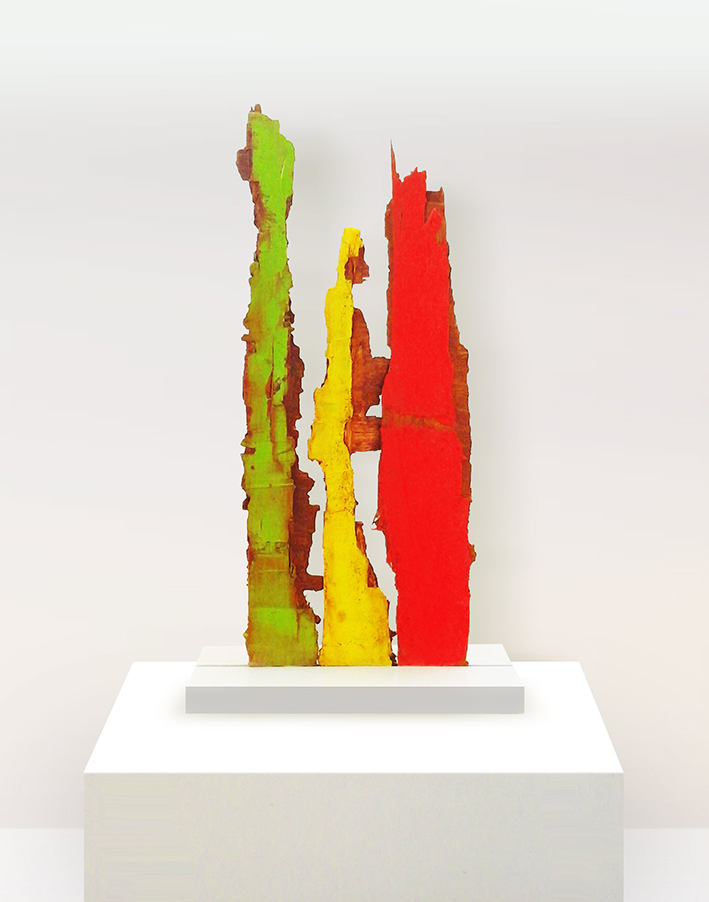 Triptyque 5 : bois éclaté, acrylique, cire et pigments,  20 cm x 47 cm